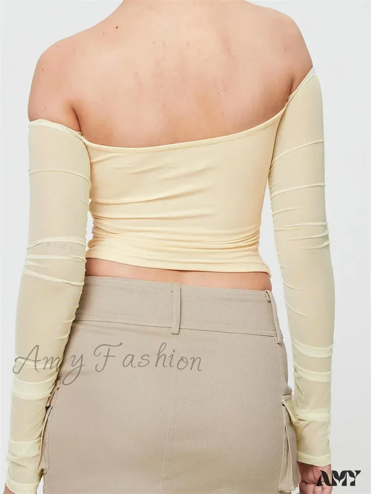 Amy Fashion - Slash Neck Off Shoulder Mesh See Through Long SleeveT-shirts - Image 2
