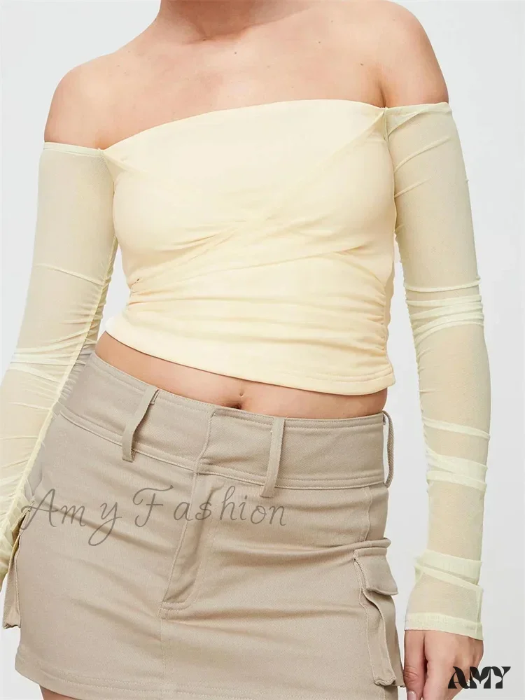 Amy Fashion - Slash Neck Off Shoulder Mesh See Through Long SleeveT-shirts - Image 3