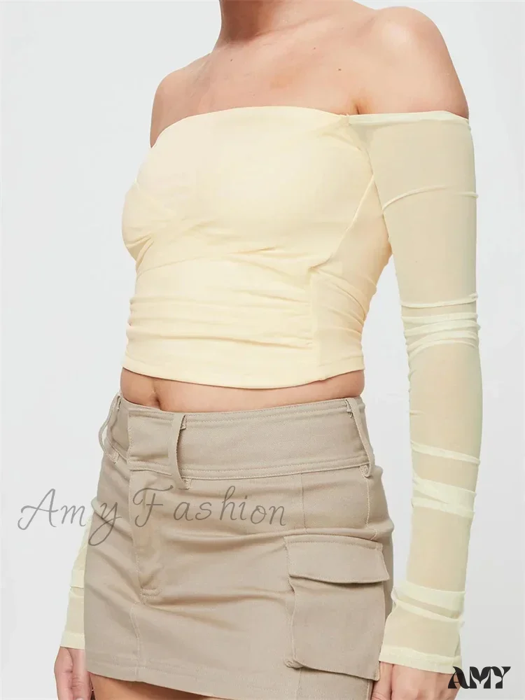 Amy Fashion - Slash Neck Off Shoulder Mesh See Through Long SleeveT-shirts - Image 4