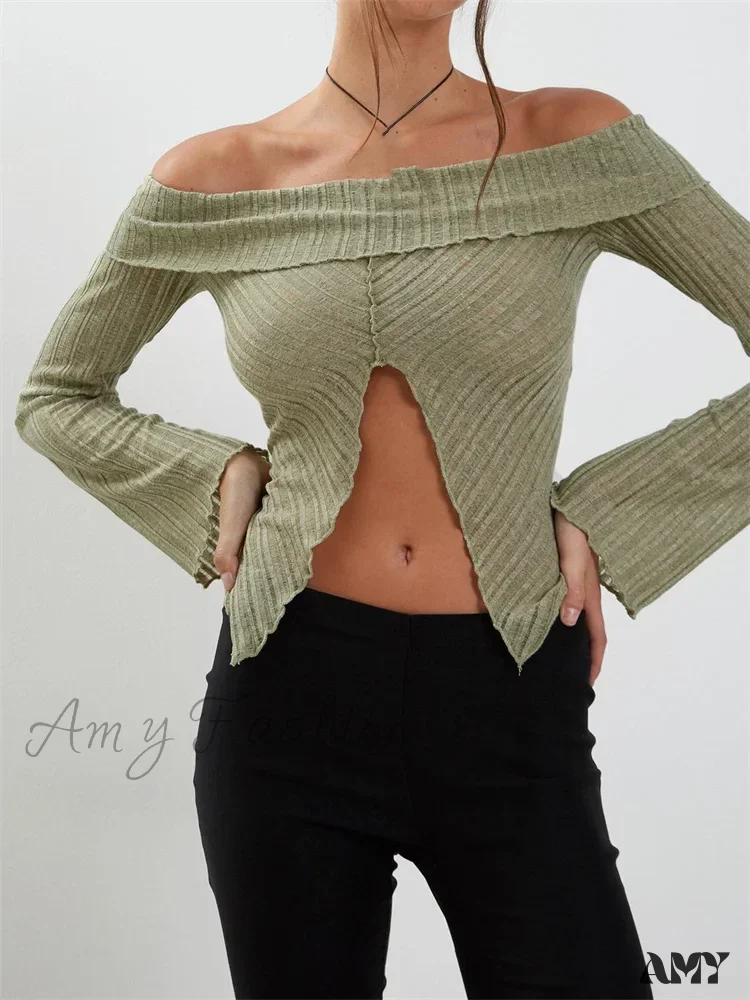 Amy Fashion - Slash Neck Off Shoulder Solid Color Slim Fit T-Shirts - Image 2