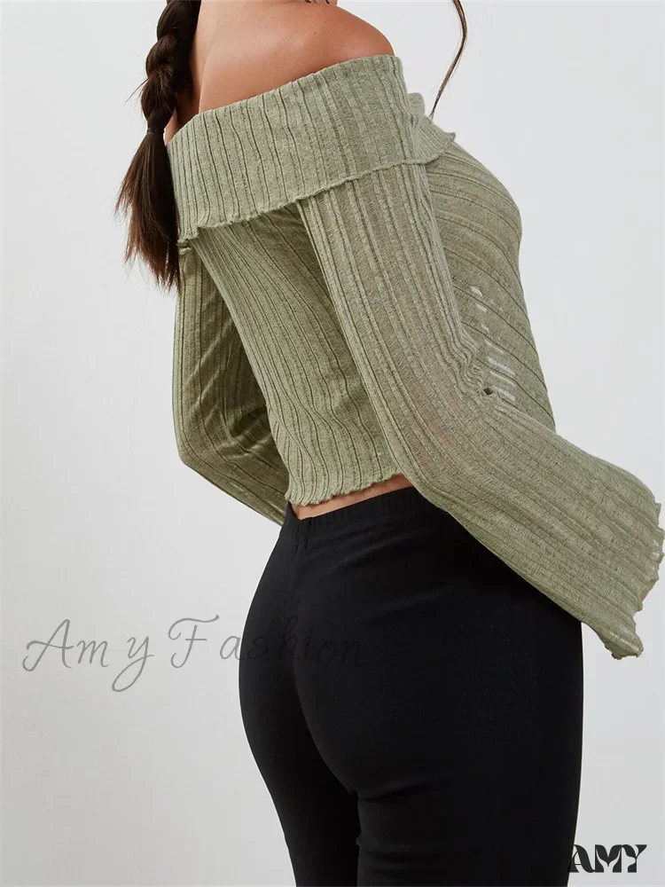 Amy Fashion - Slash Neck Off Shoulder Solid Color Slim Fit T-Shirts - Image 3
