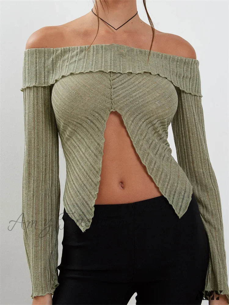 Amy Fashion - Slash Neck Off Shoulder Solid Color Slim Fit T-Shirts - Image 8