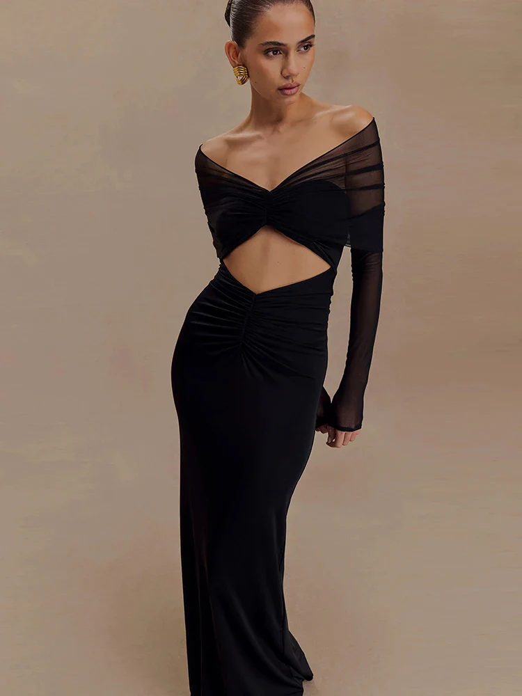 Slash Neck Sheer Ruched Maxi Party Dress - Image 3