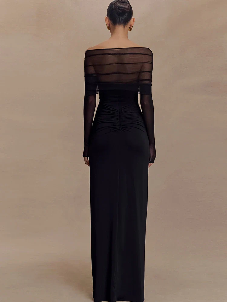 Slash Neck Sheer Ruched Maxi Party Dress - Image 4
