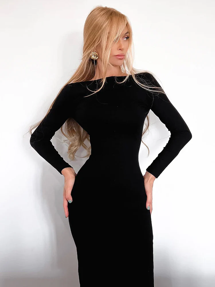 Slash Neck Zipper Slim Split Party Dress - Image 5