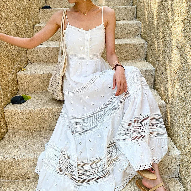 Sleeveless Back Elasticity White Cotton Boho Dress - Image 3