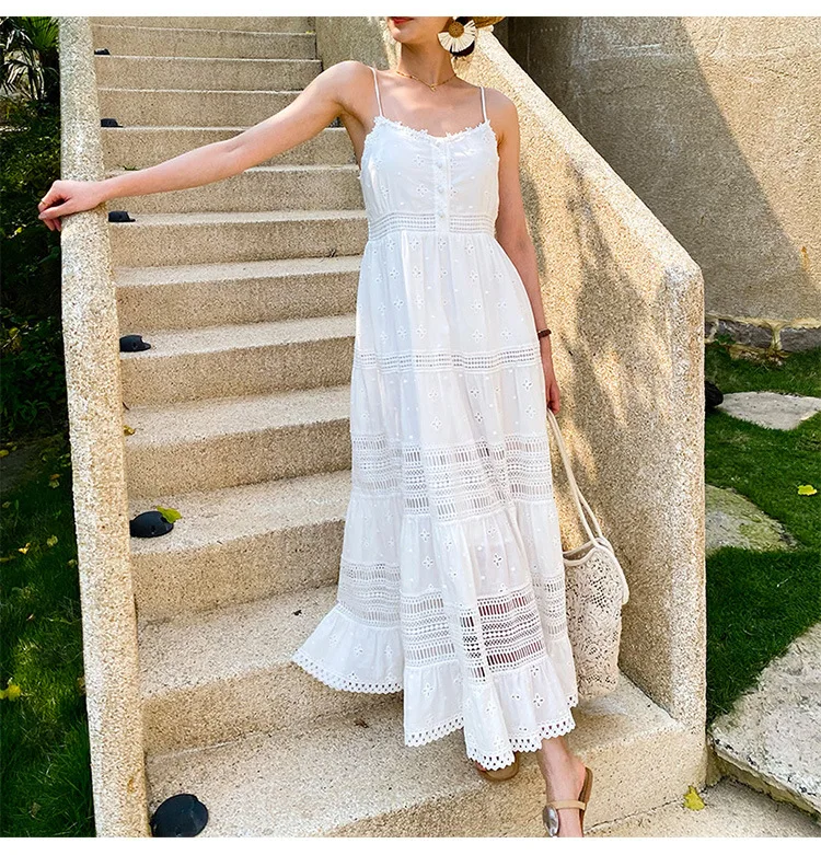 Sleeveless Back Elasticity White Cotton Boho Dress - Image 4