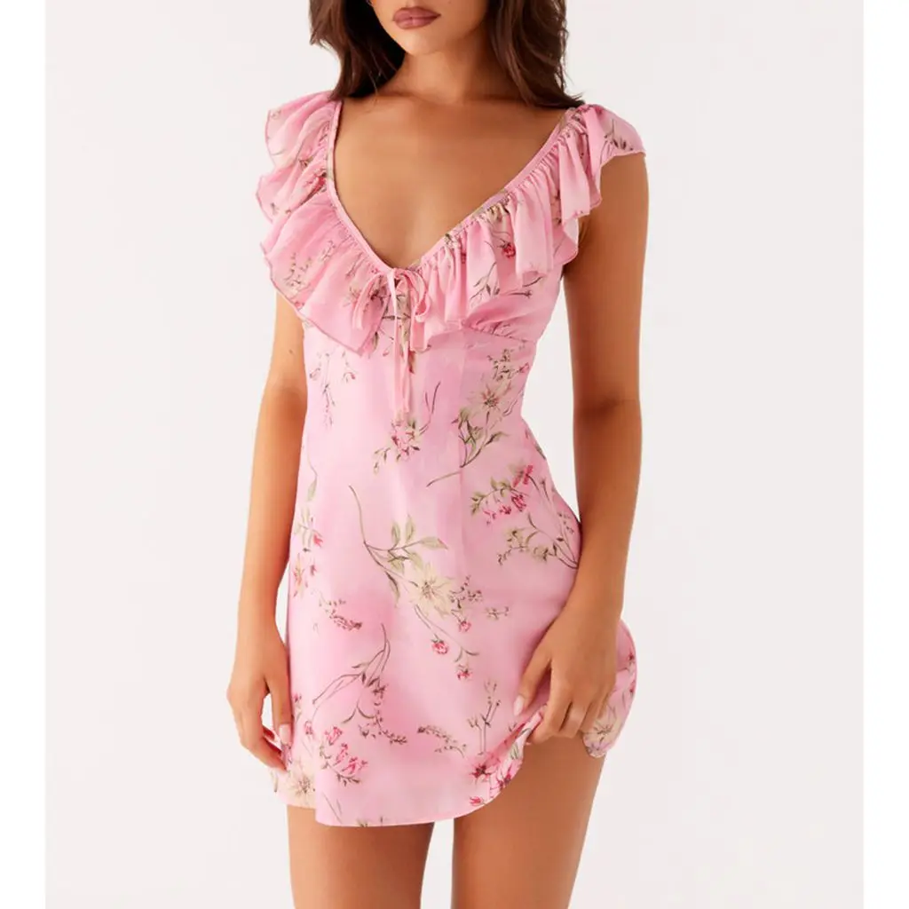 Sleeveless Ruffled Trim V Bodycon Dress