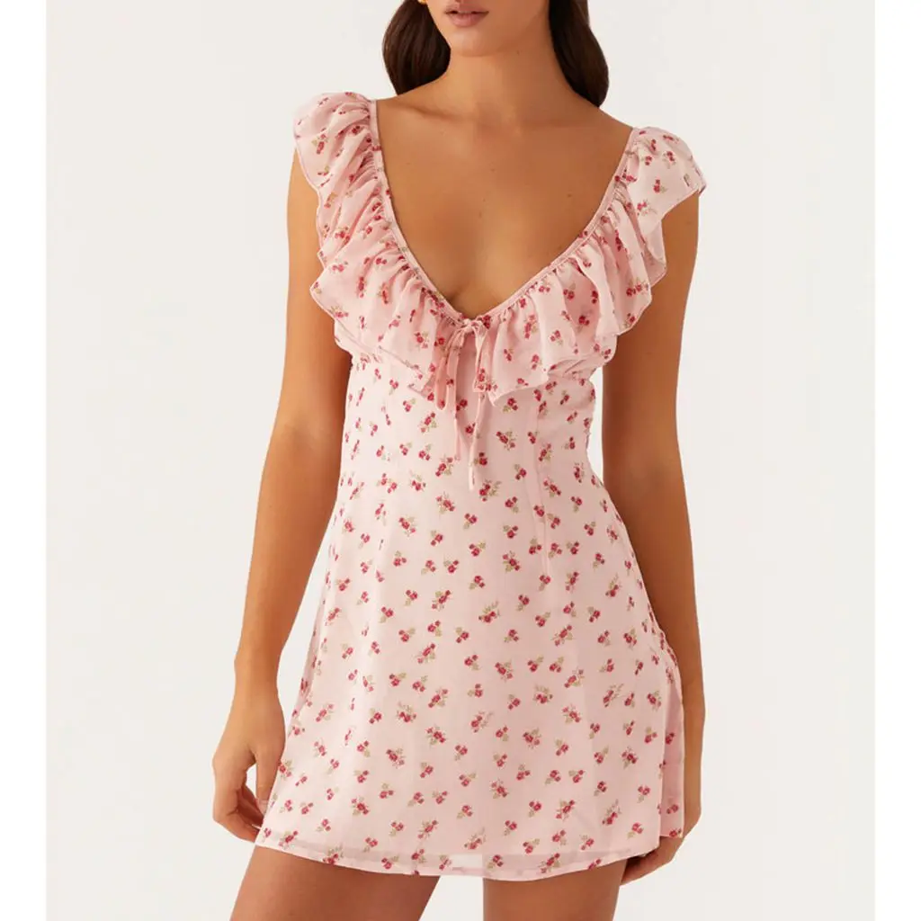 Sleeveless Ruffled Trim V Bodycon Dress - Image 5