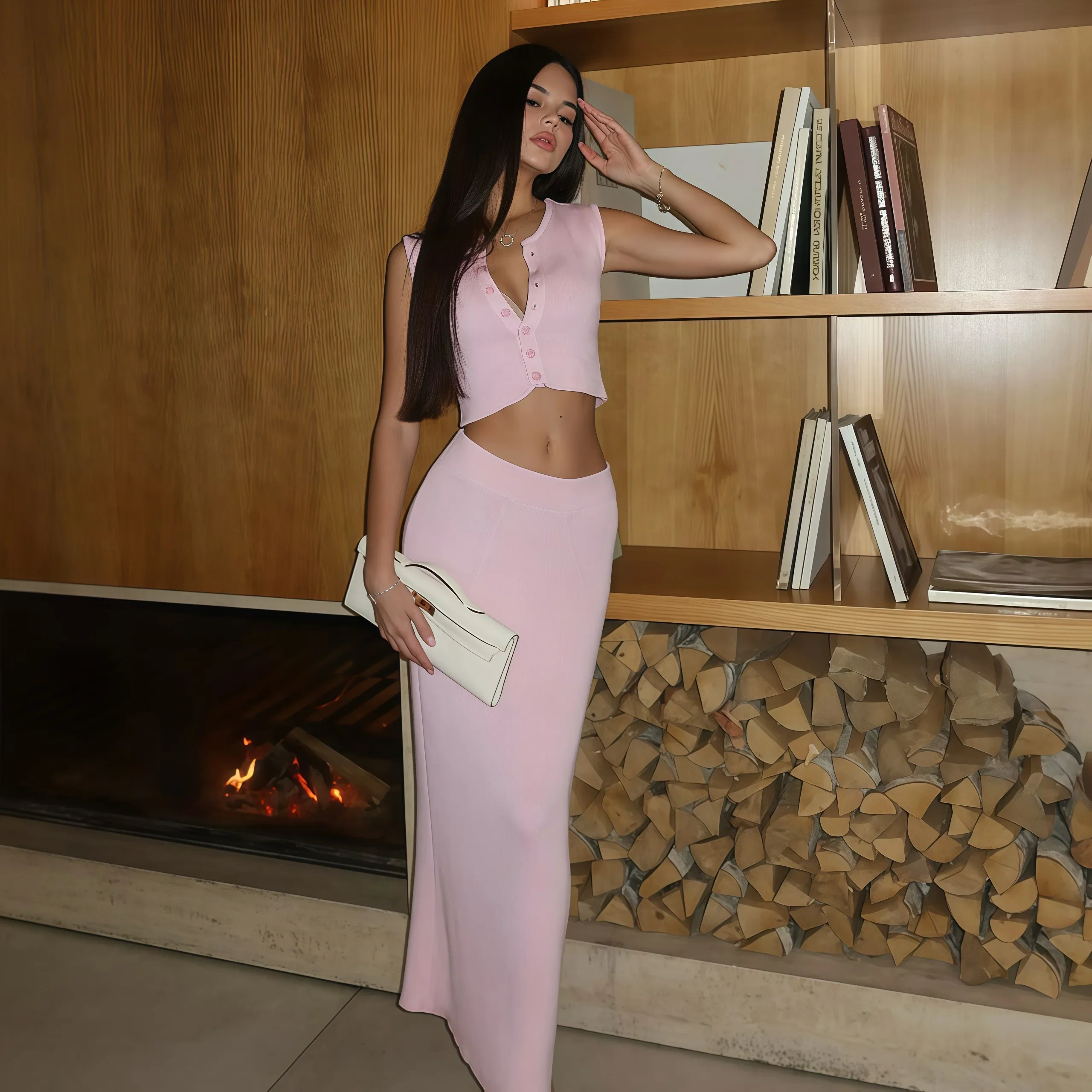 Sleeveless V Neck Sheath Skirt Two Piece Set - Image 7