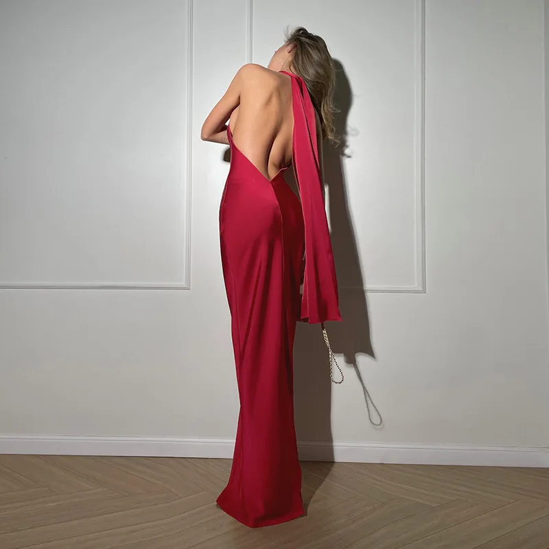 Slim Satin Backless Halter Prom Dress - Image 2