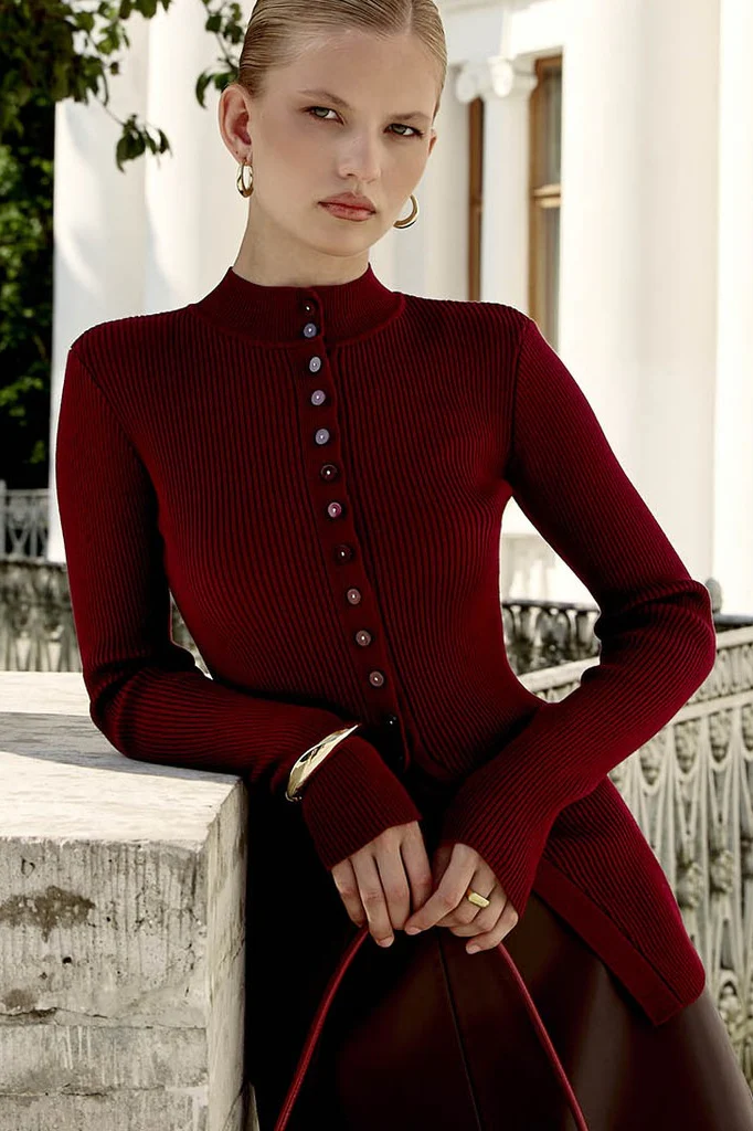 Slim Stand Collar Single Breasted Long Sleeve Knit Cardigan - Image 2