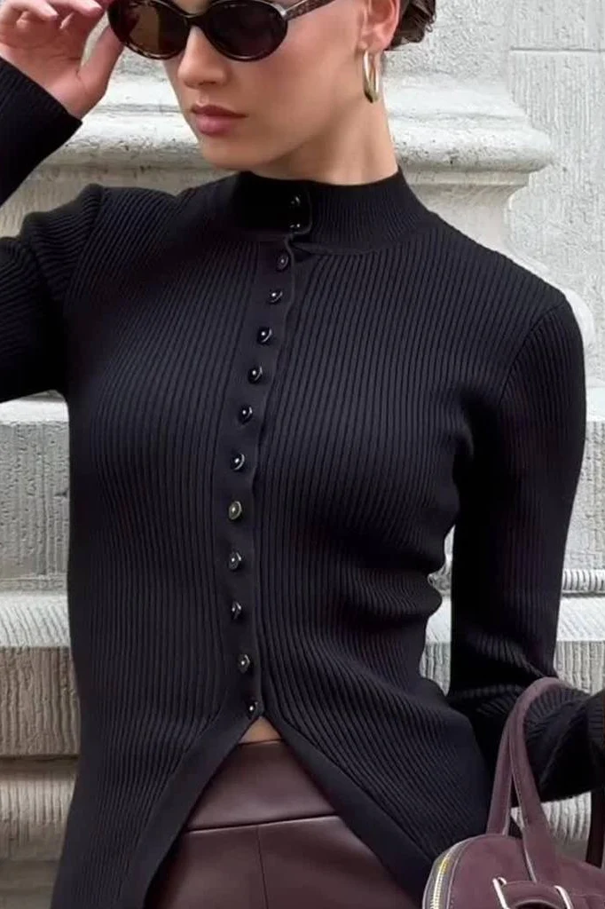 Slim Stand Collar Single Breasted Long Sleeve Knit Cardigan - Image 6