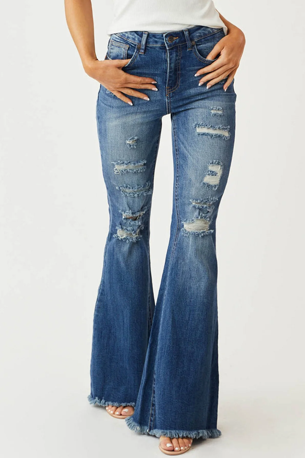 Slim Stretch Mid Waist Distressed Fringe Vintage Flare Jeans - Image 2