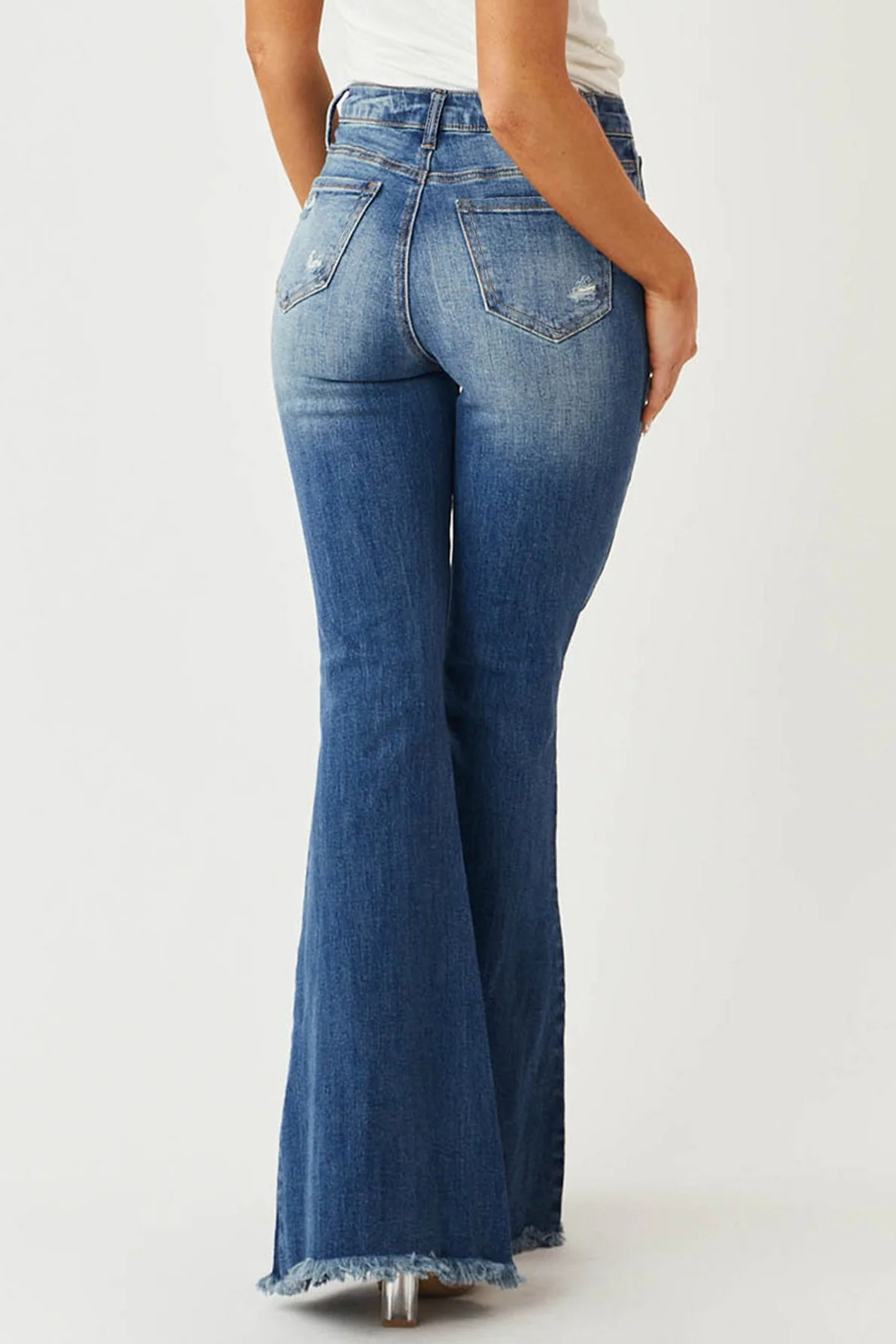 Slim Stretch Mid Waist Distressed Fringe Vintage Flare Jeans - Image 3