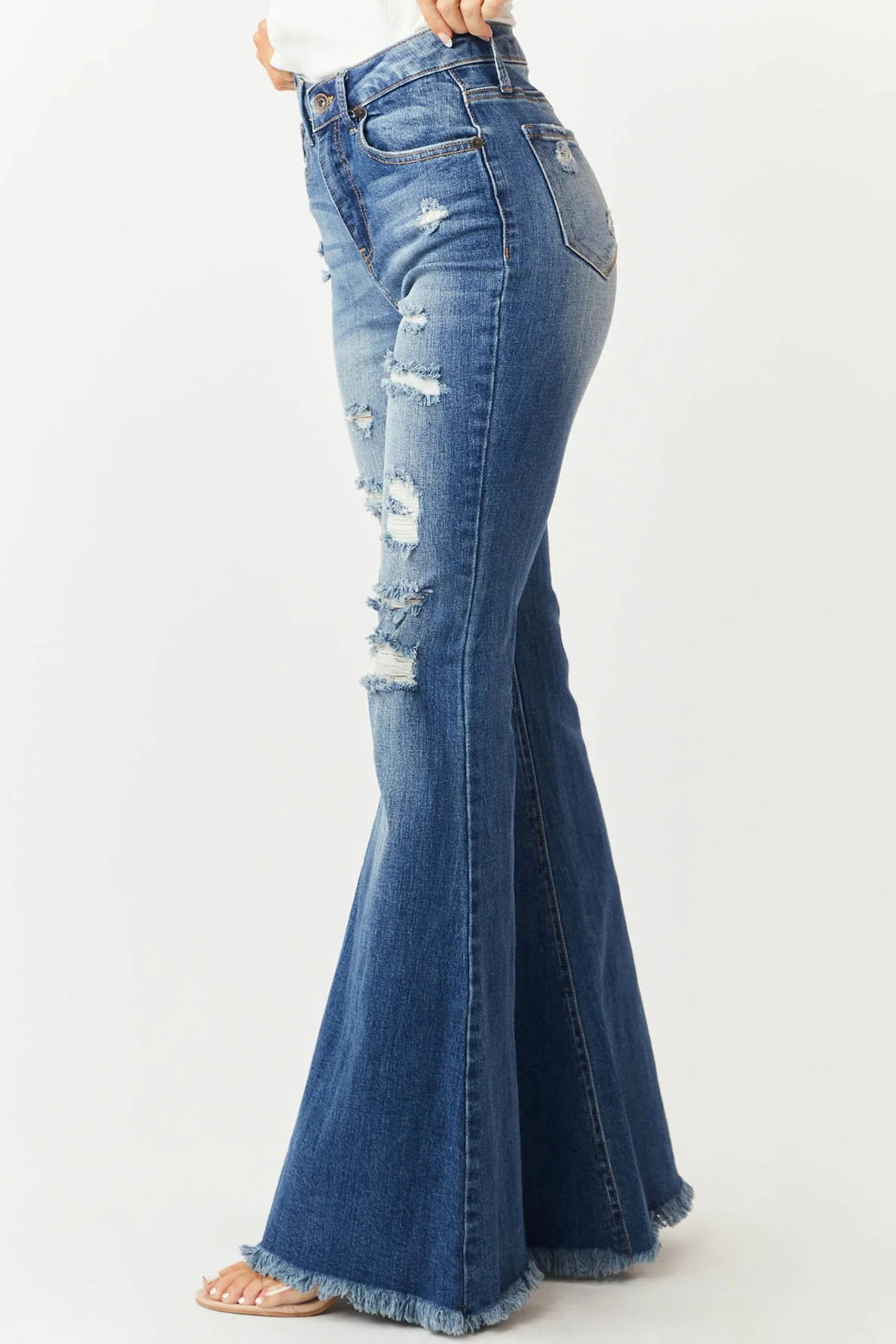 Slim Stretch Mid Waist Distressed Fringe Vintage Flare Jeans - Image 4