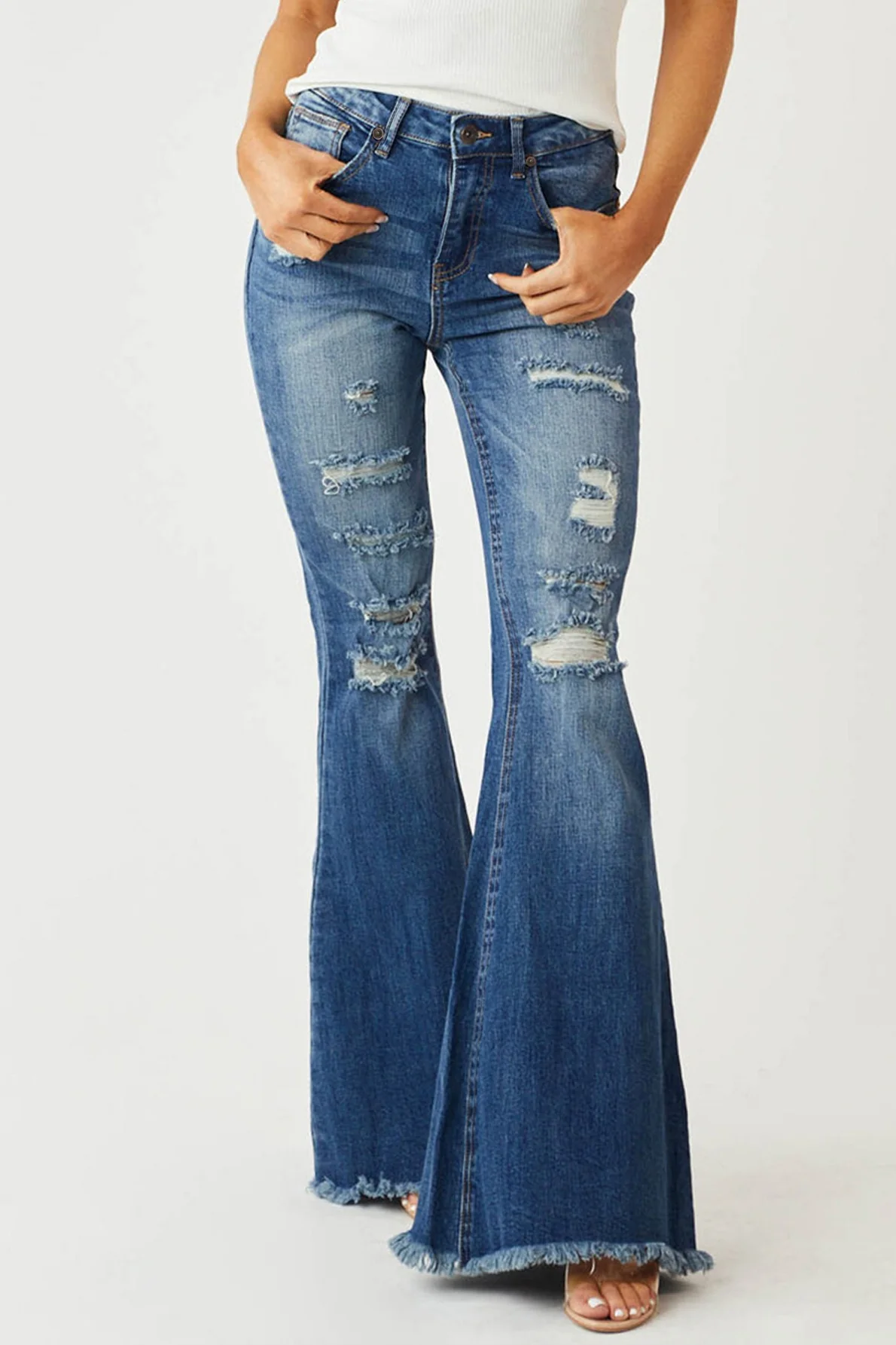 Slim Stretch Mid Waist Distressed Fringe Vintage Flare Jeans - Image 5