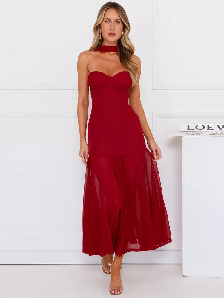 Slit Mesh Ribbon Strapless Maxi Dress - Image 7