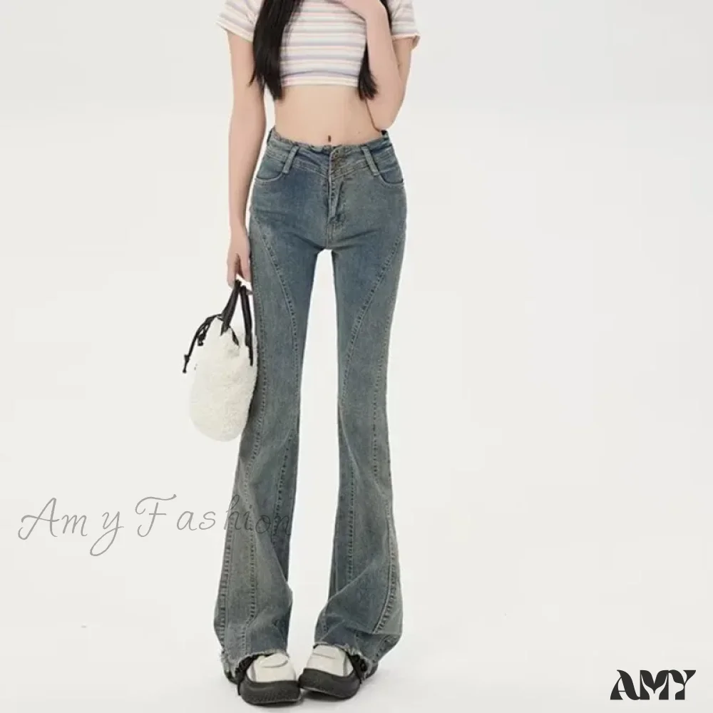 Amy Fashion - Small American Retro Micro Flared High Waisted Slim Versatile Floor Mop Jean - Image 2