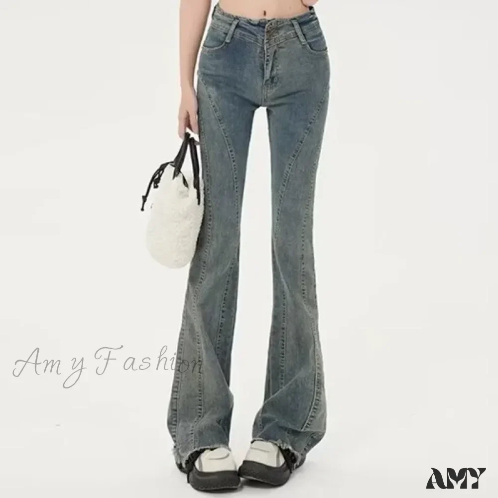 Amy Fashion - Small American Retro Micro Flared High Waisted Slim Versatile Floor Mop Jean - Image 3