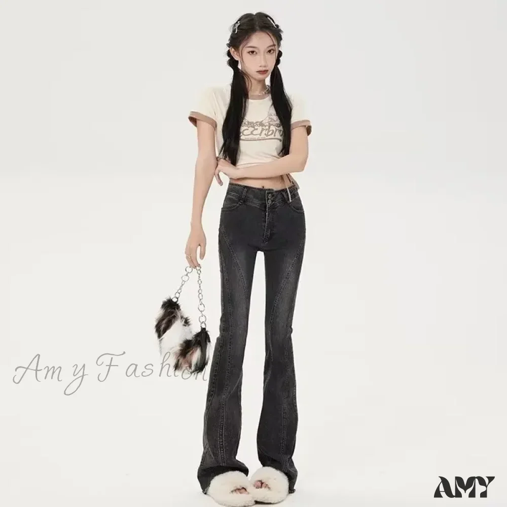 Amy Fashion - Small American Retro Micro Flared High Waisted Slim Versatile Floor Mop Jean - Image 5