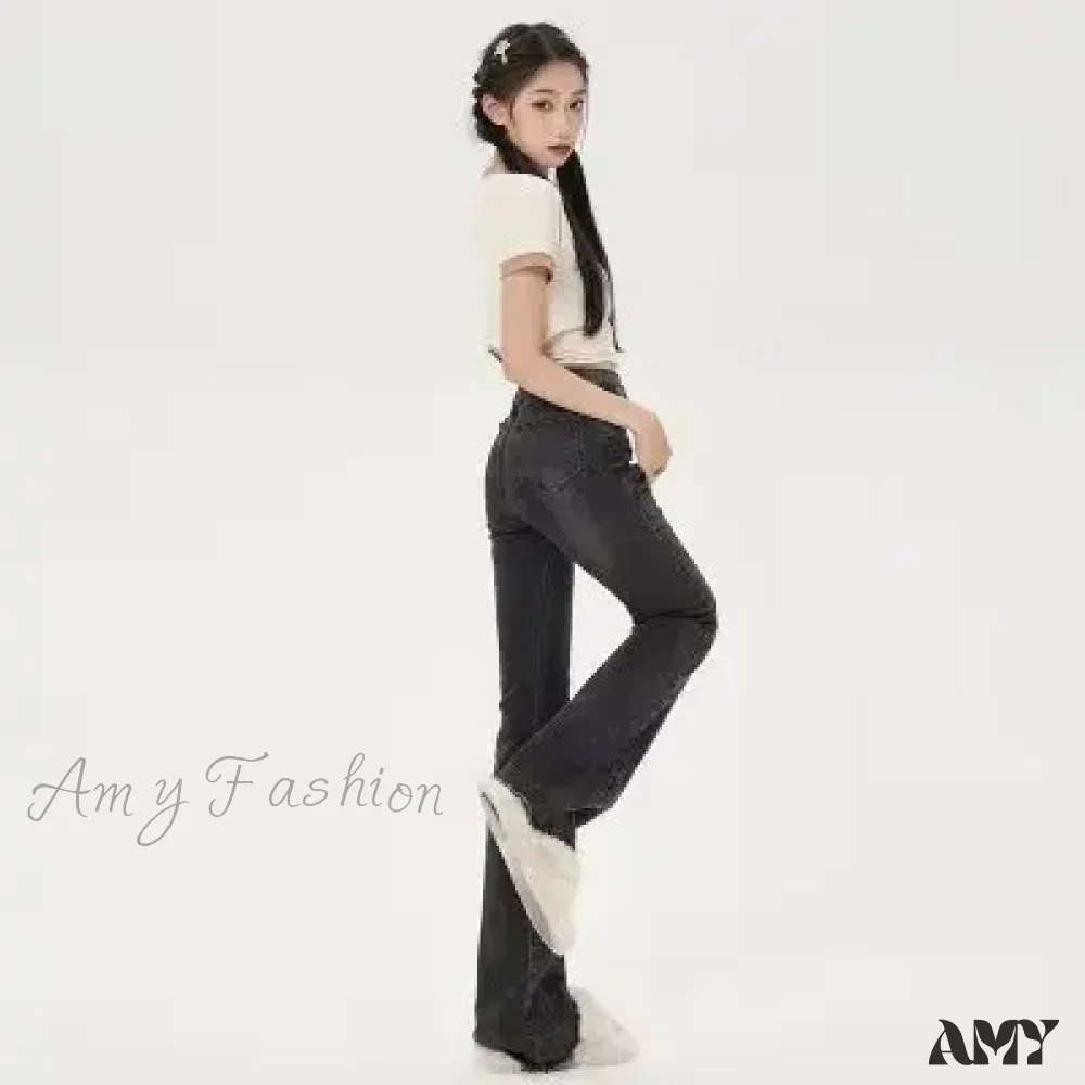 Amy Fashion - Small American Retro Micro Flared High Waisted Slim Versatile Floor Mop Jean - Image 6