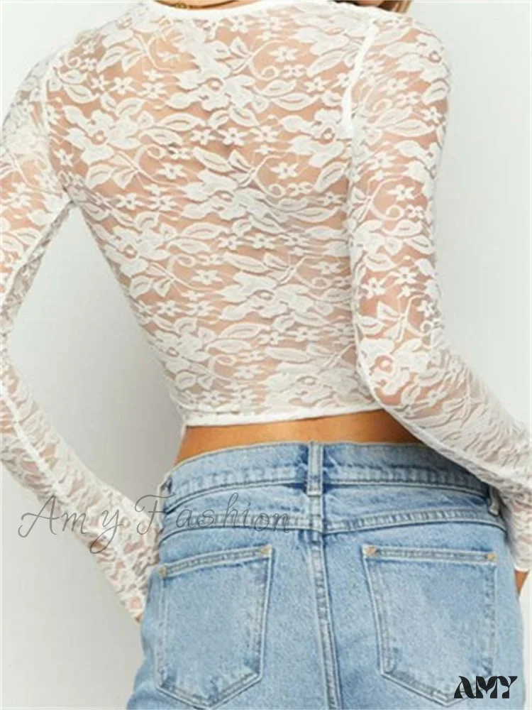 Amy Fashion - Solid Color Lace Floral Front Cutout Slim Fit T-Shirts - Image 2
