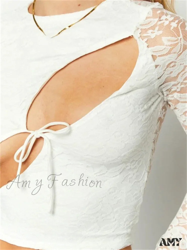 Amy Fashion - Solid Color Lace Floral Front Cutout Slim Fit T-Shirts - Image 3