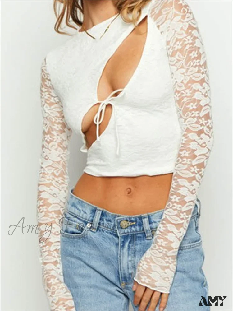 Amy Fashion - Solid Color Lace Floral Front Cutout Slim Fit T-Shirts - Image 5