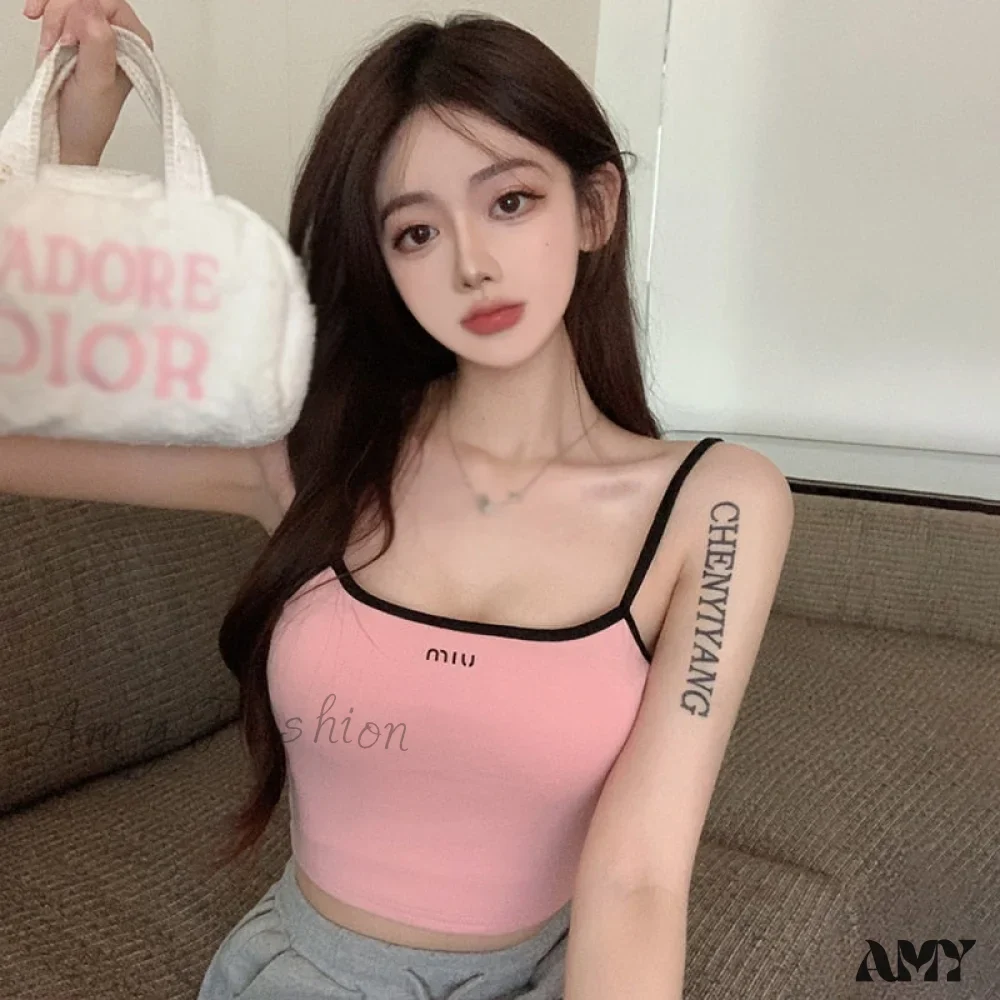 Amy Fashion - Solid Color Letter Orint Square Collar Tank Top - Image 2
