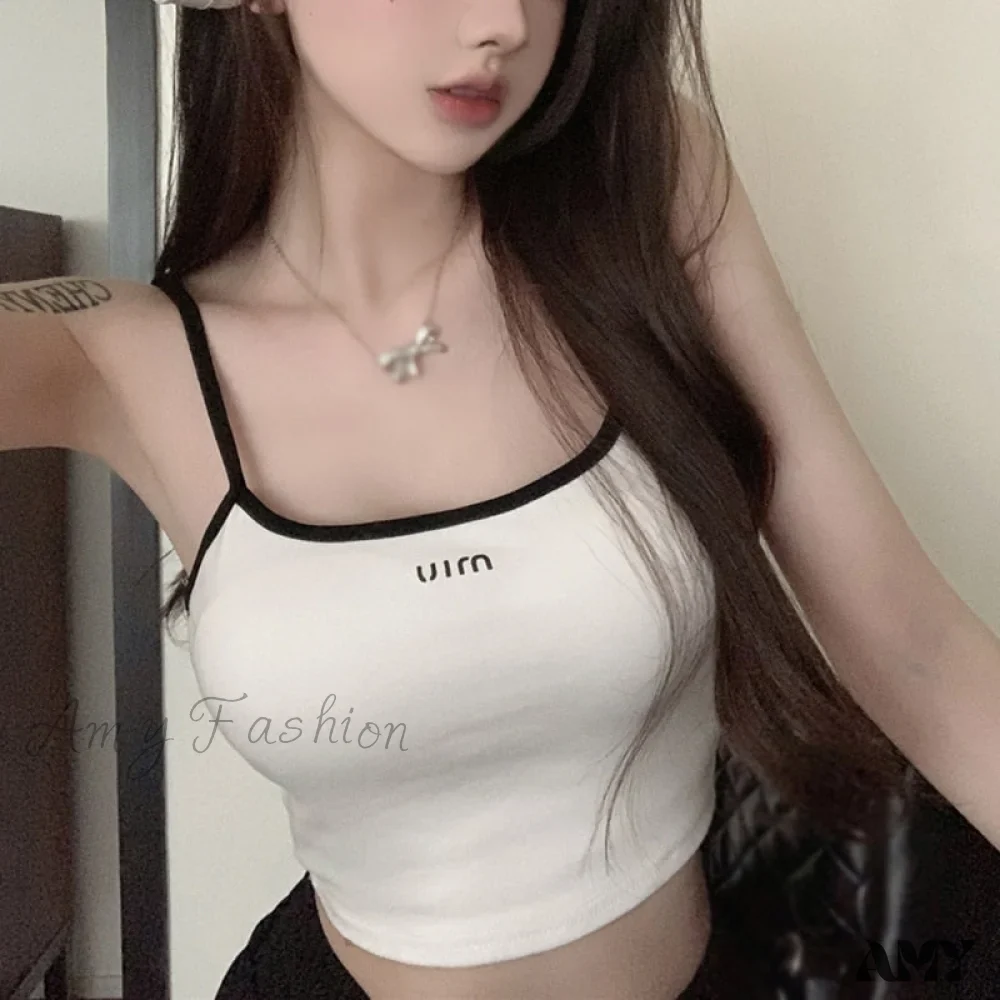 Amy Fashion - Solid Color Letter Orint Square Collar Tank Top - Image 3