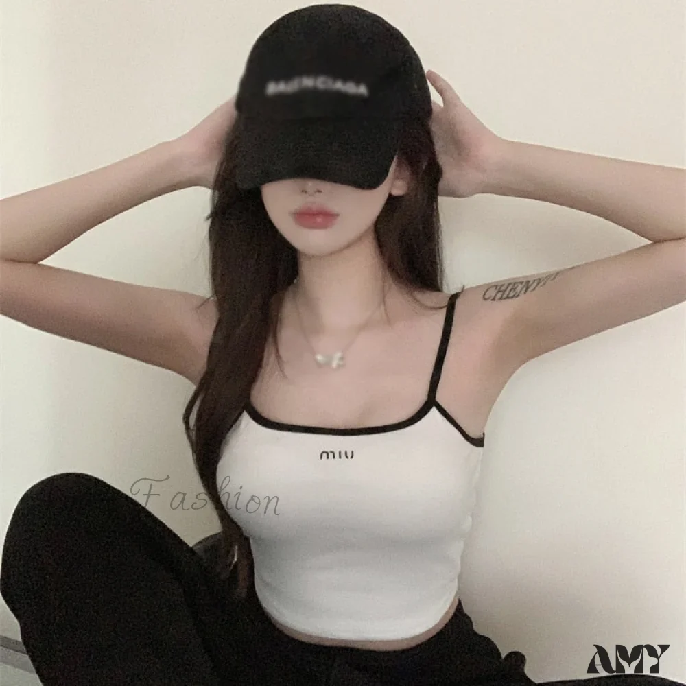 Amy Fashion - Solid Color Letter Orint Square Collar Tank Top - Image 4