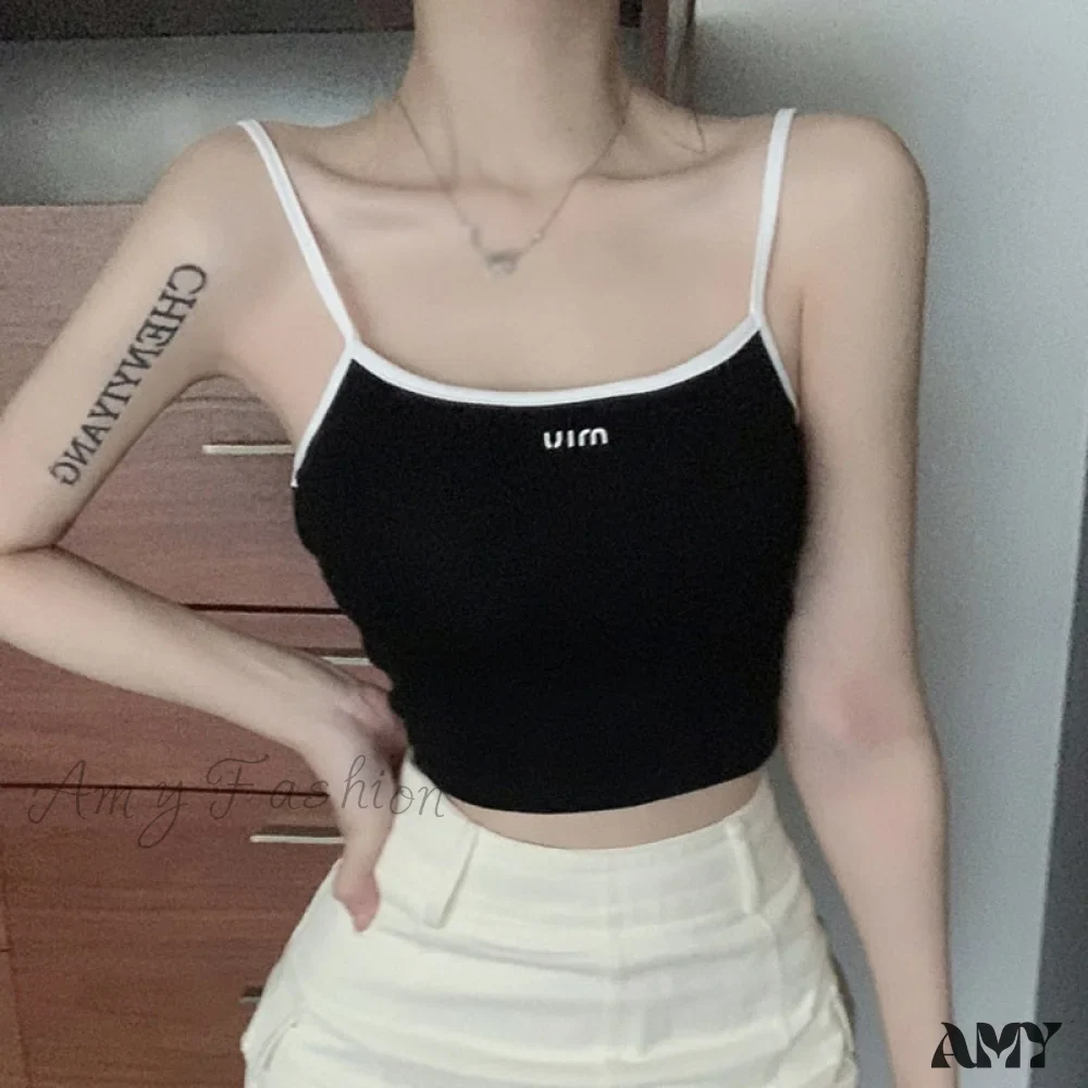 Amy Fashion - Solid Color Letter Orint Square Collar Tank Top - Image 5