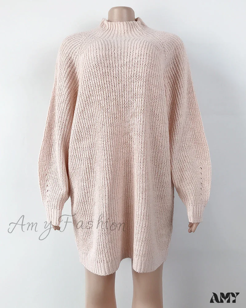 Amy Fashion - Solid Color Turtleneck Sweater Knitted Mini Dress - Image 7