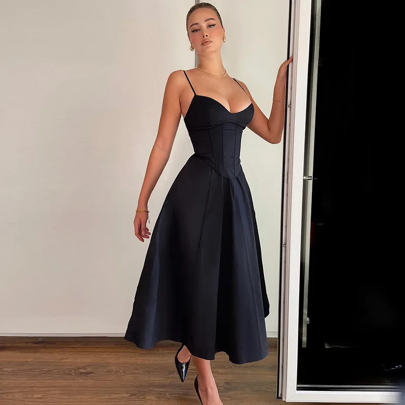 Solid Corset Long Suspender Black Prom Dress - Image 3