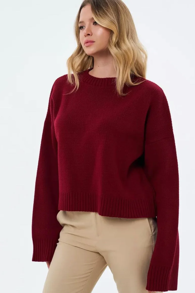 Solid Crewneck Loose Knit Sweater - Image 10