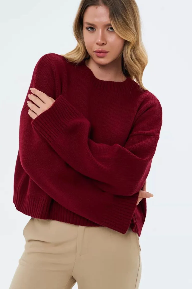 Solid Crewneck Loose Knit Sweater - Image 9