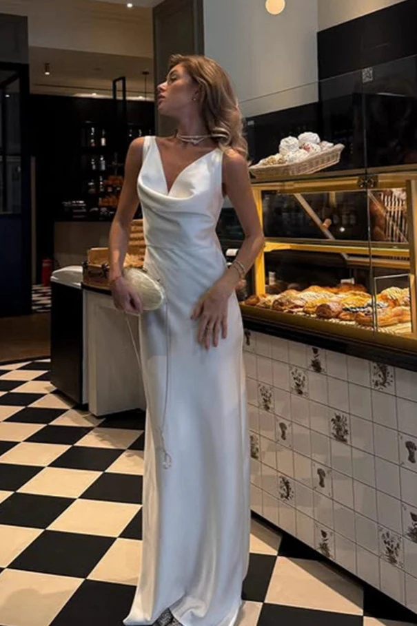 Solid Satin Cowl-Neck Luxury Party Dress - Image 2