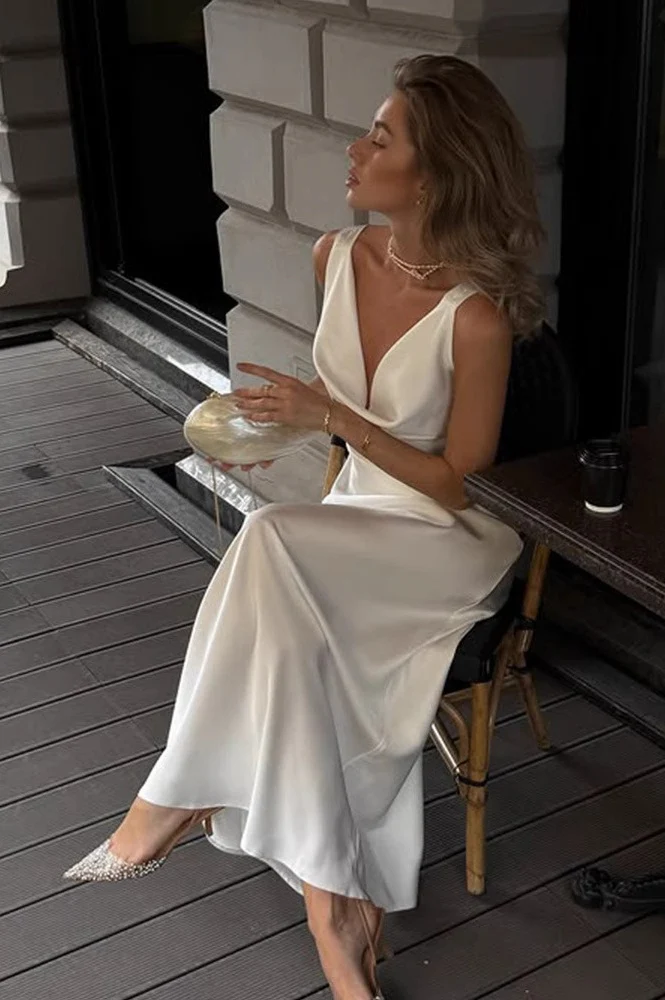 Solid Satin Cowl-Neck Luxury Party Dress - Image 4