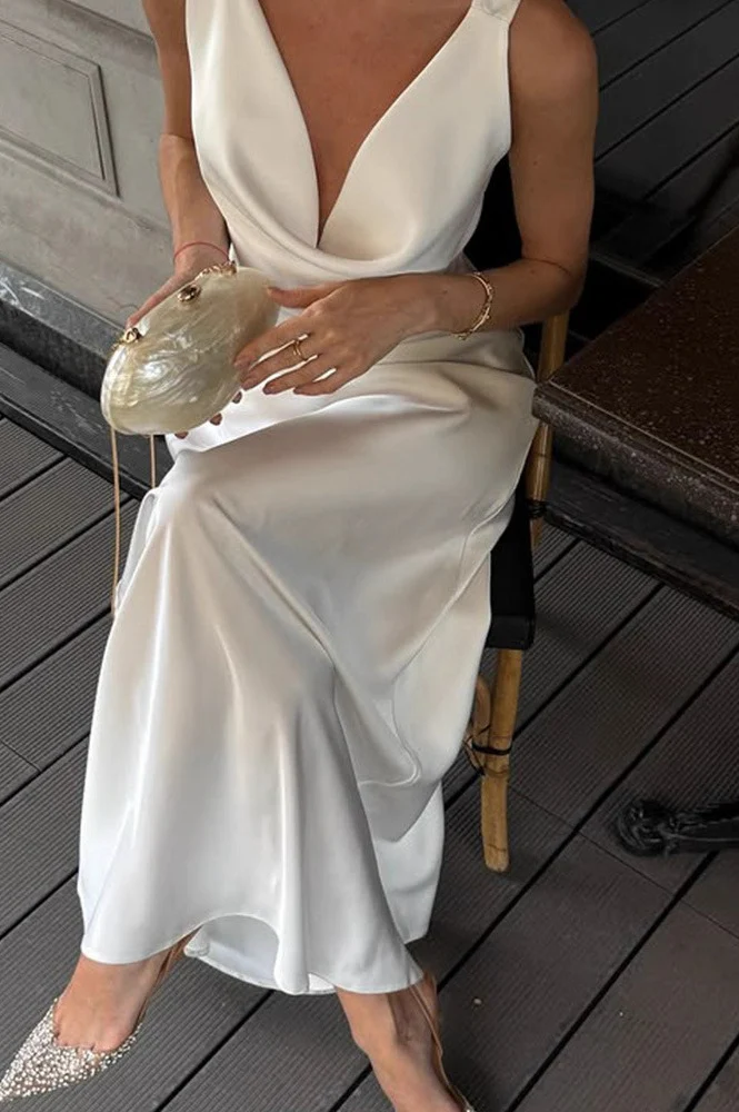 Solid Satin Cowl-Neck Luxury Party Dress - Image 5