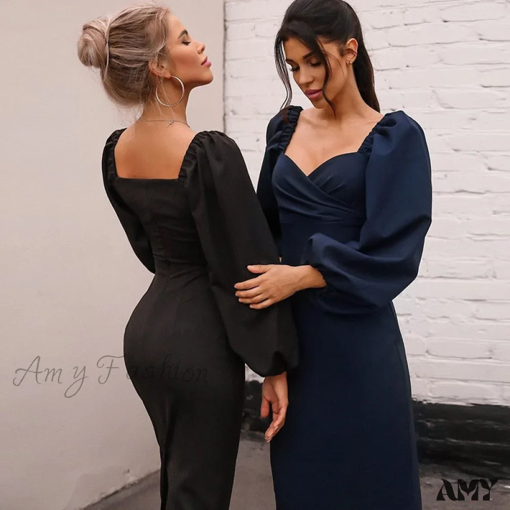 Amy Fashion - Solid Puff Sleeve Sexy Mid-Calf Dresses - Image 2