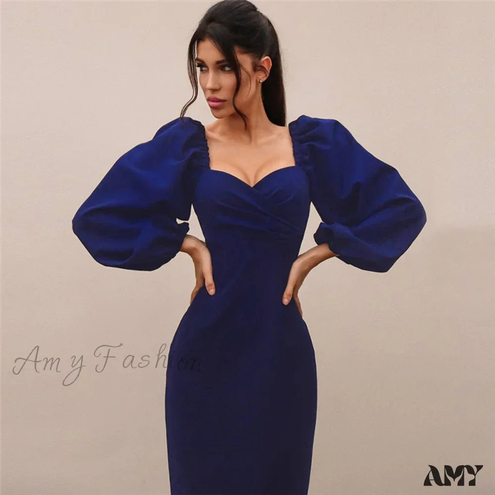 Amy Fashion - Solid Puff Sleeve Sexy Mid-Calf Dresses - Image 4