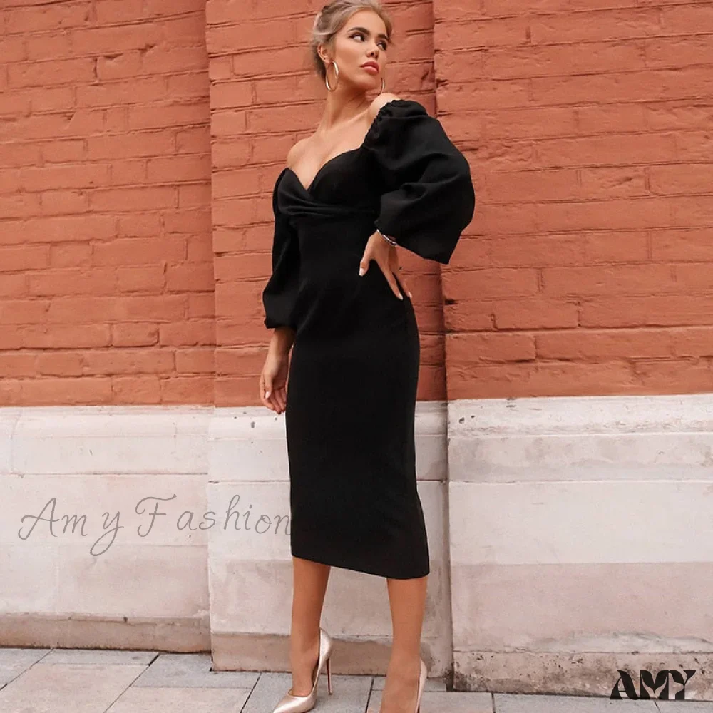Amy Fashion - Solid Puff Sleeve Sexy Mid-Calf Dresses - Image 5