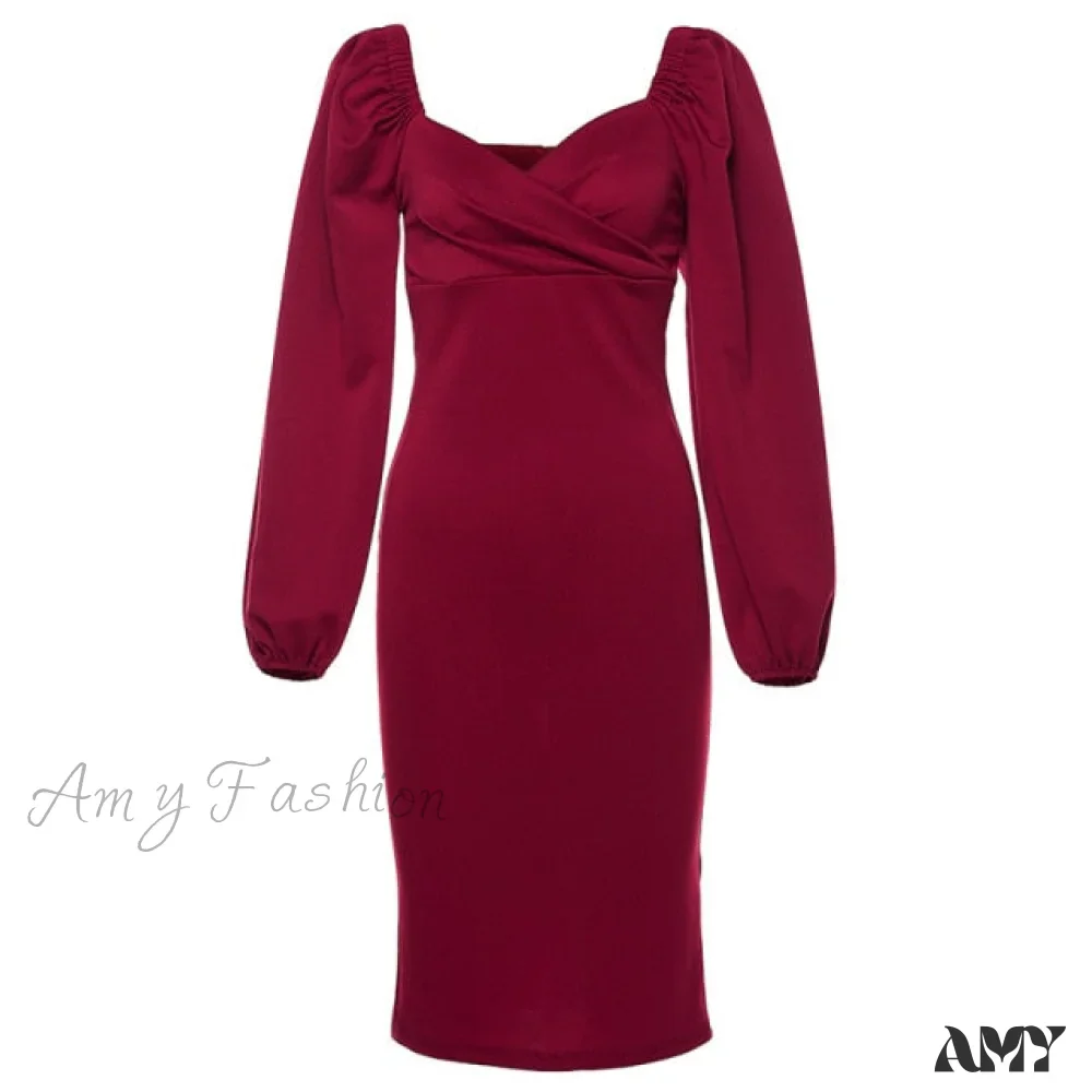 Amy Fashion - Solid Puff Sleeve Sexy Mid-Calf Dresses - Image 6