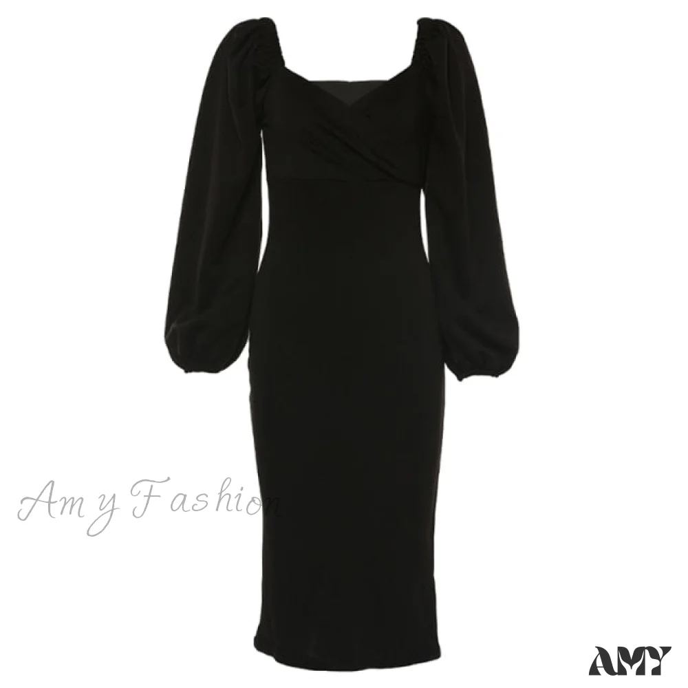 Amy Fashion - Solid Puff Sleeve Sexy Mid-Calf Dresses - Image 7