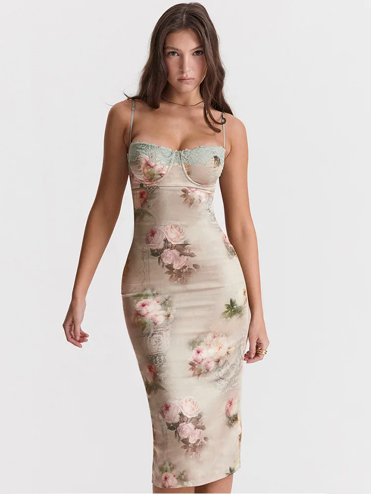 Spaghetti Strap Lace Print Bodycon Vacation Dress