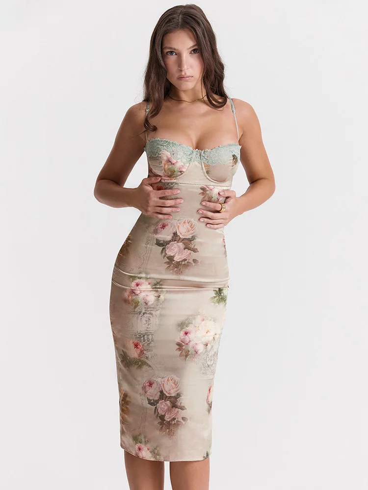 Spaghetti Strap Lace Print Bodycon Vacation Dress - Image 2