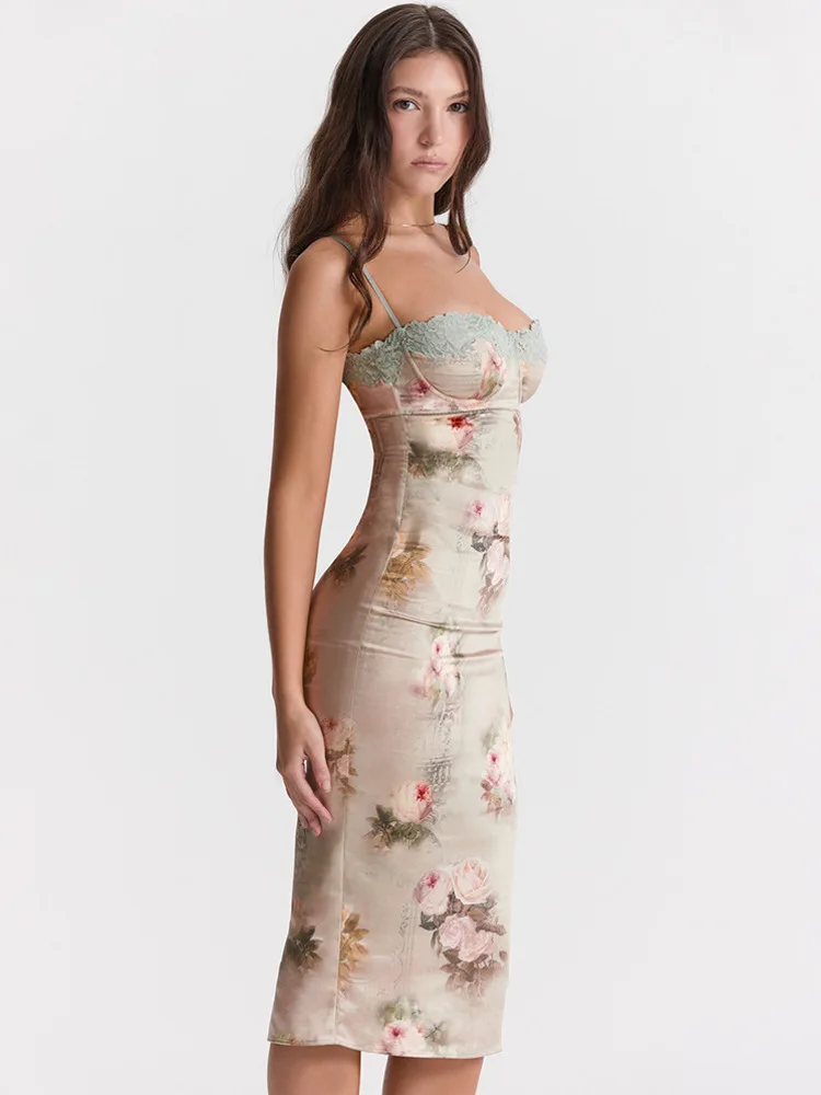 Spaghetti Strap Lace Print Bodycon Vacation Dress - Image 3