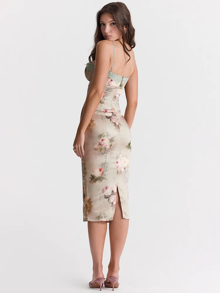 Spaghetti Strap Lace Print Bodycon Vacation Dress - Image 4