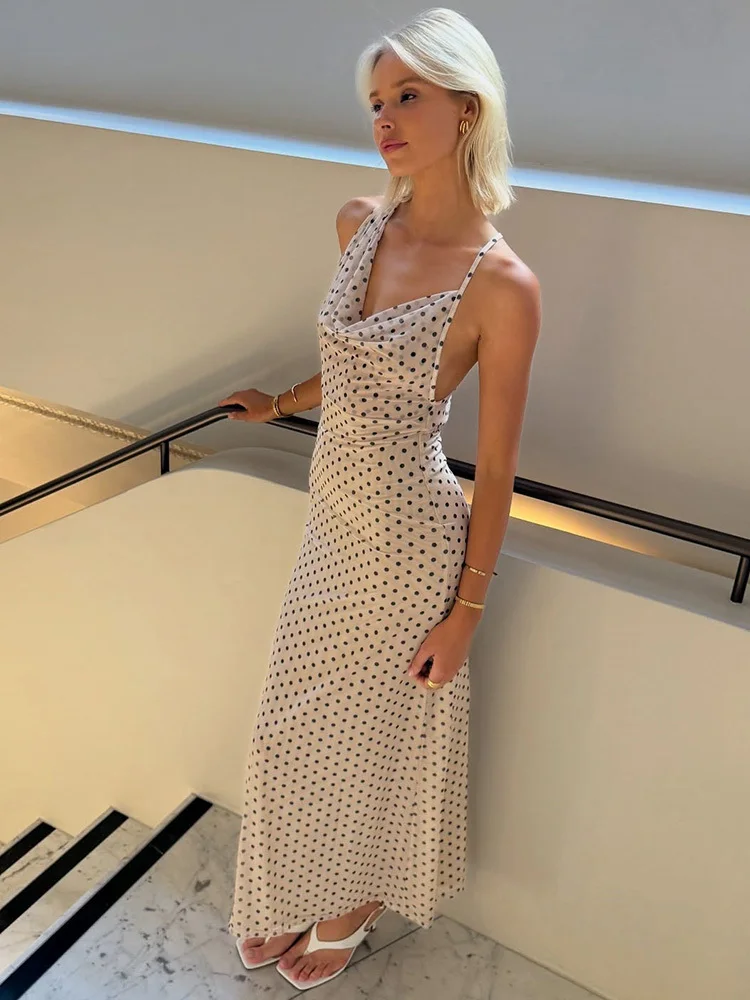 Spaghetti Strap Polka Dot Irregular V Neck Vacation Dress - Image 2